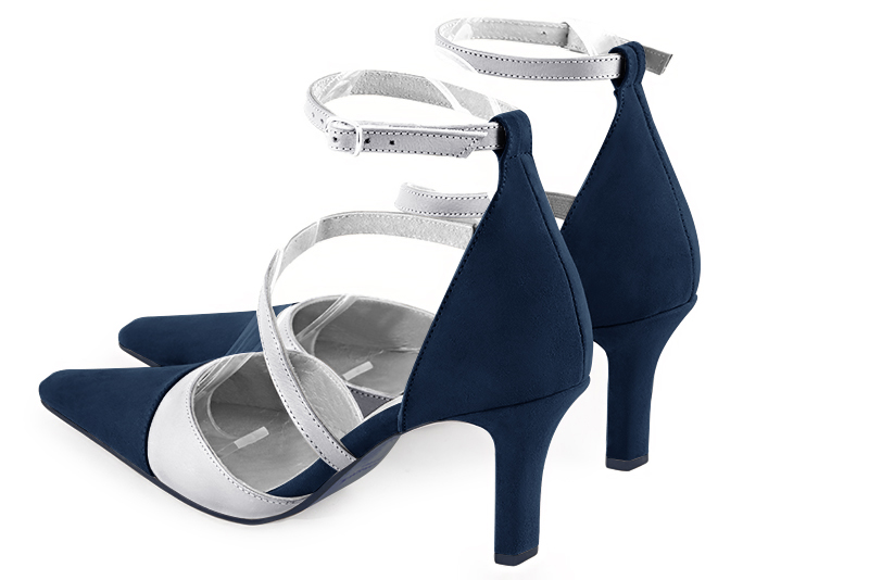 Navy blue and light silver women's open side shoes, with snake-shaped straps. Tapered toe. High slim heel. Rear view - Florence KOOIJMAN